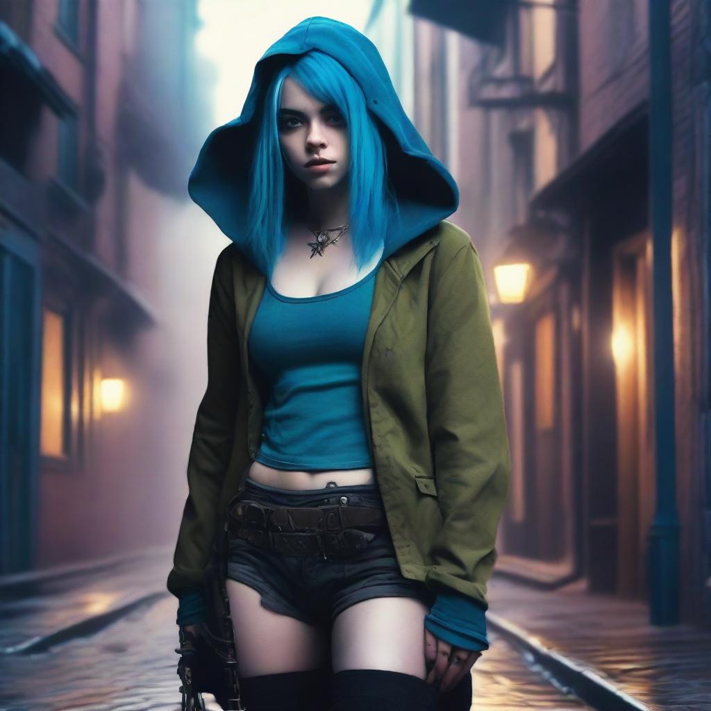 A portrait of Billie Eilish with blue hair, depicted as a rogue character in a fantasy setting