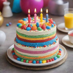 A vibrant, multi-layered birthday cake with colorful icing decorations, placed on a festive table setting.