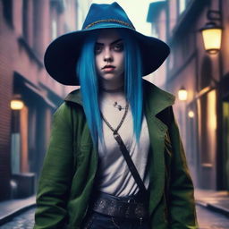 A portrait of Billie Eilish with blue hair, depicted as a rogue character in a fantasy setting