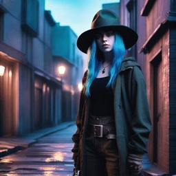 A portrait of Billie Eilish with blue hair, depicted as a rogue character in a fantasy setting