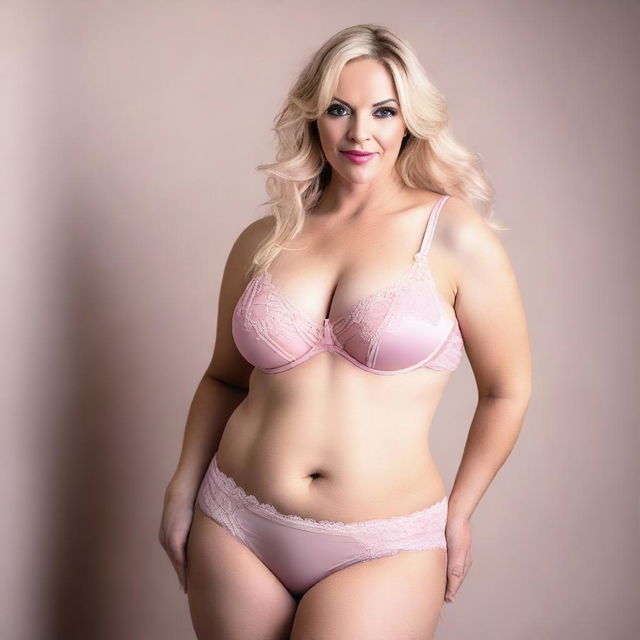 A blonde transgender woman with very large breasts, wide hips, and a slim waist, wearing pink lingerie