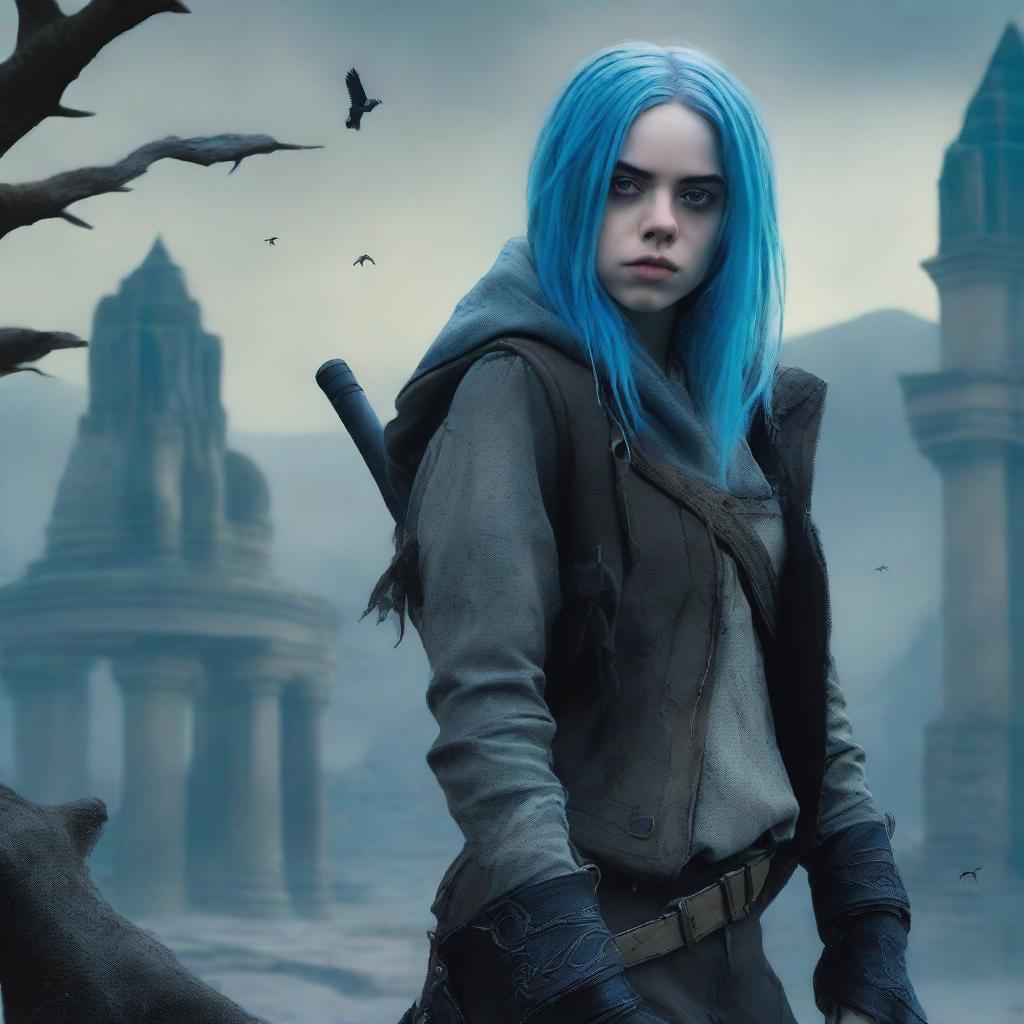 Billie Eilish as a rogue in a fantasy setting, with striking blue hair