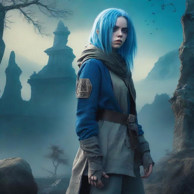 Billie Eilish as a rogue in a fantasy setting, with striking blue hair