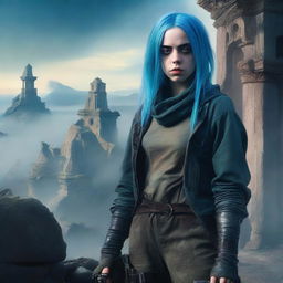 Billie Eilish as a rogue in a fantasy setting, with striking blue hair