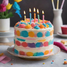 A vibrant, multi-layered birthday cake with colorful icing decorations, placed on a festive table setting.