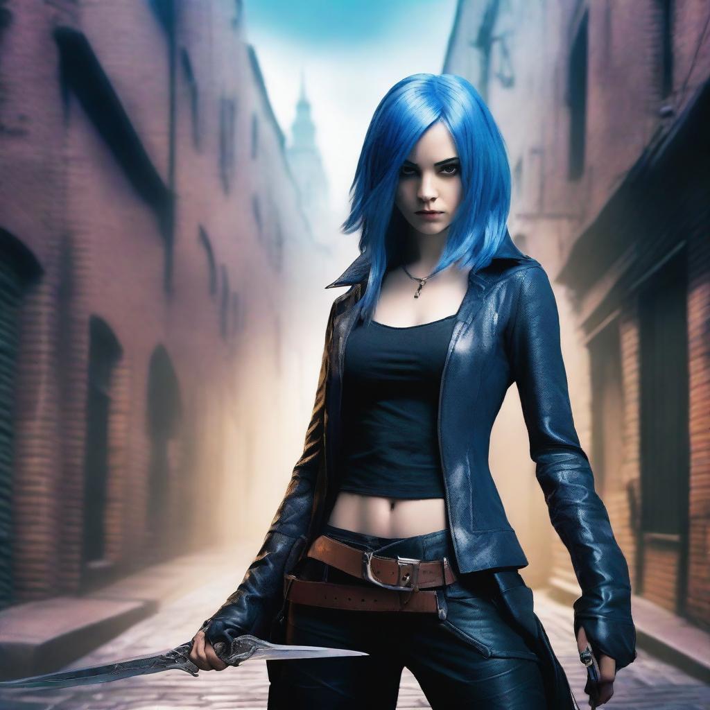 A young girl with blue hair, depicted as a rogue in a fantasy setting