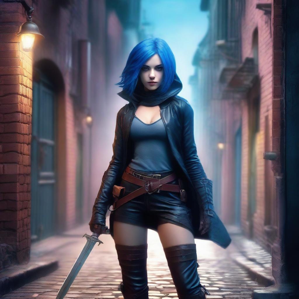 A young girl with blue hair, depicted as a rogue in a fantasy setting