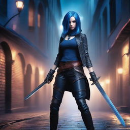 A young girl with blue hair, depicted as a rogue in a fantasy setting