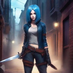 A young girl with blue hair, depicted as a rogue in a fantasy setting