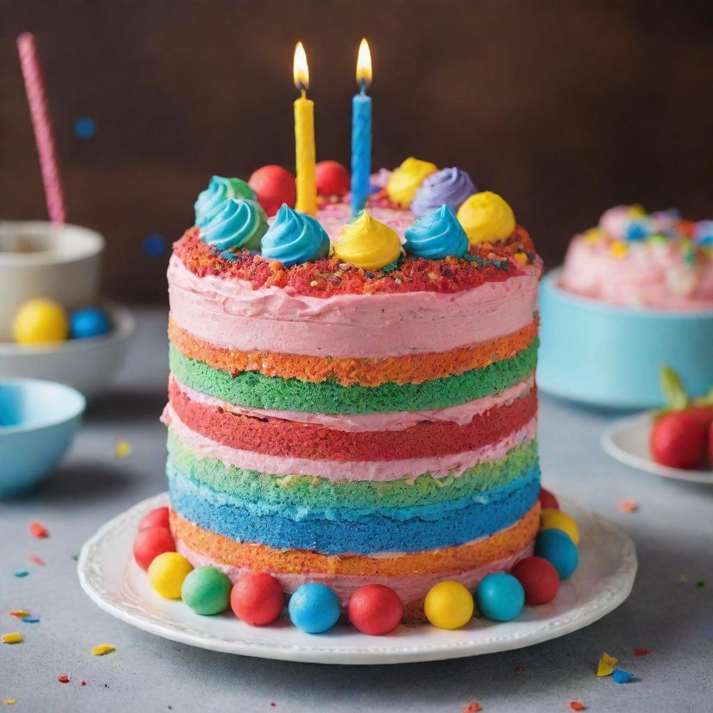 A vibrant, multi-layered birthday cake with colorful icing decorations, placed on a festive table setting.