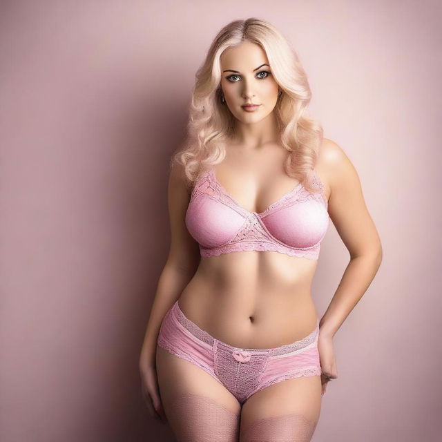 A blonde transgender woman with very large breasts, wide hips, and a slim waist, wearing pink lingerie and fishnet stockings