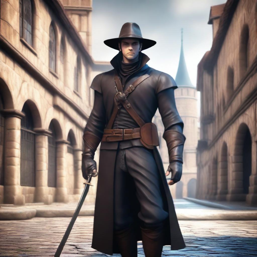 A male character in a fantasy setting, dressed in leather garb and wearing a hat