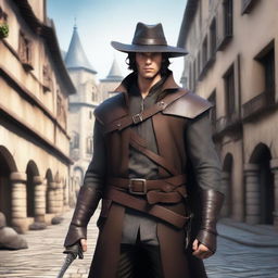 A male character in a fantasy setting, dressed in leather garb and wearing a hat