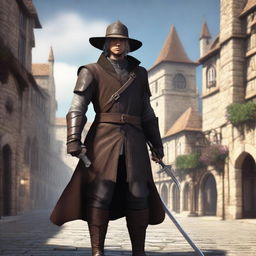 A male character in a fantasy setting, dressed in leather garb and wearing a hat