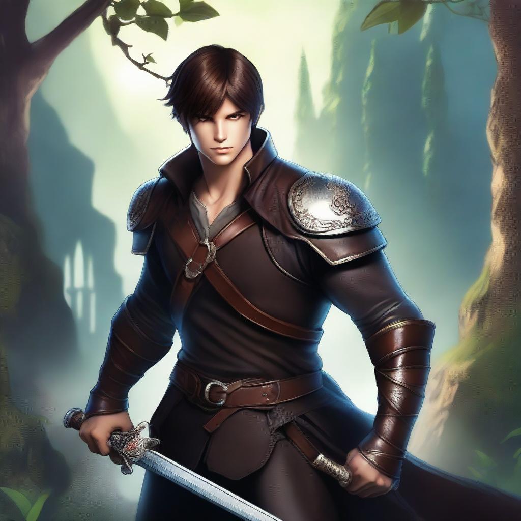 A male character in a fantasy setting, wearing leather garb and having short brunette hair