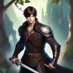 A male character in a fantasy setting, wearing leather garb and having short brunette hair