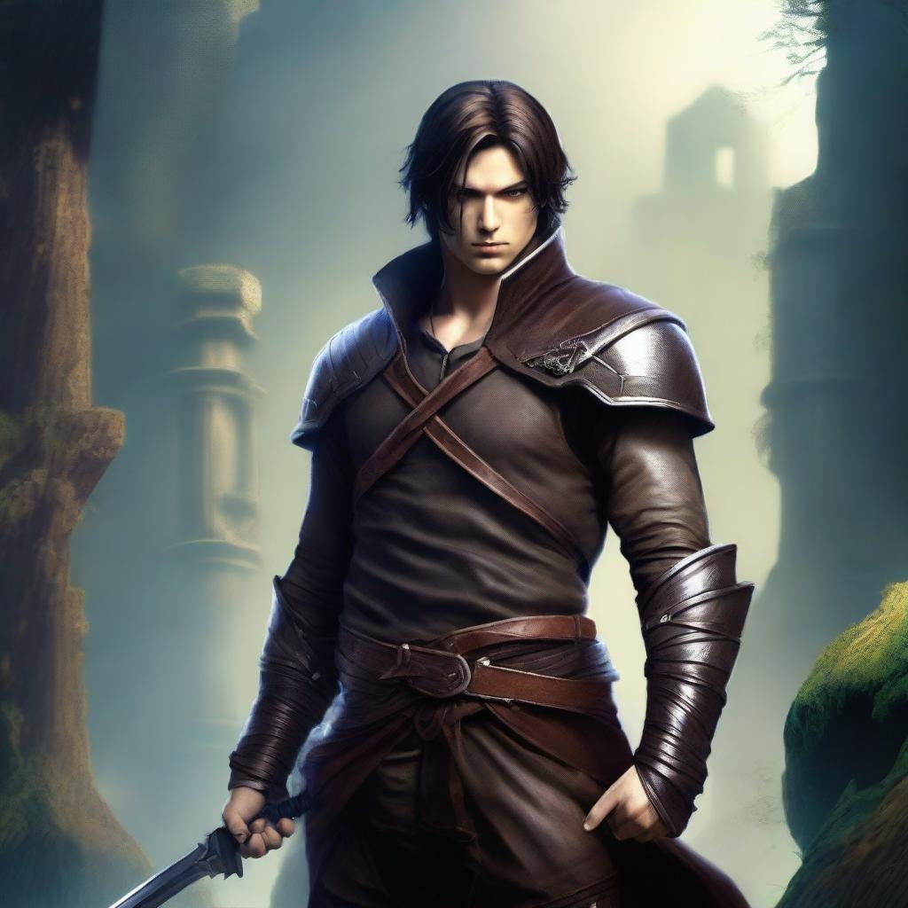 A male character in a fantasy setting, wearing leather garb and having short brunette hair