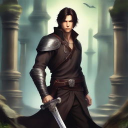 A male character in a fantasy setting, wearing leather garb and having short brunette hair