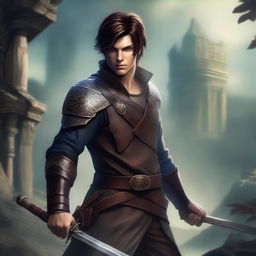 A male character in a fantasy setting, wearing leather garb and having short brunette hair