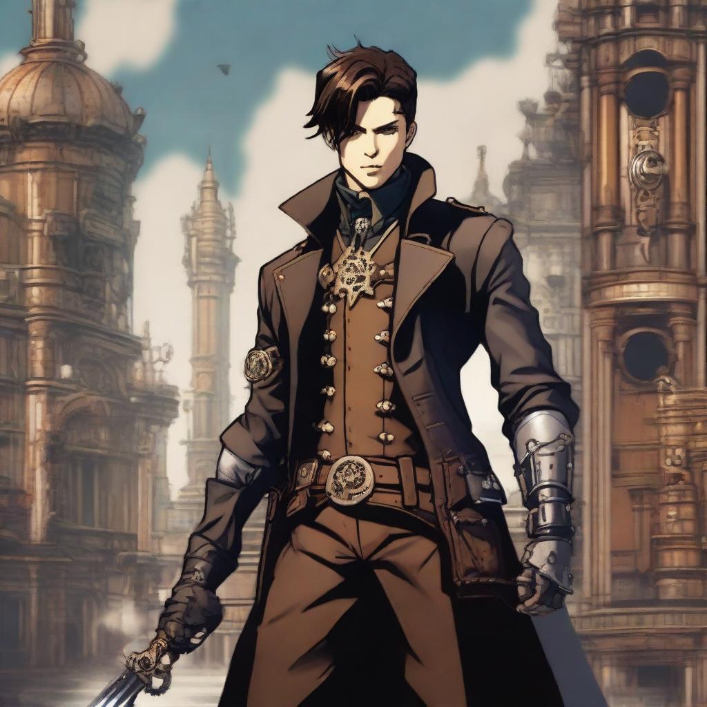 A male character with short brunette hair, dressed in leather garb, holding a sword in a steampunk setting