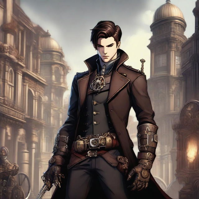 A male character with short brunette hair, dressed in leather garb, holding a sword in a steampunk setting