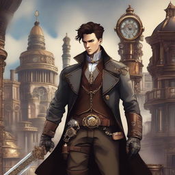 A male character with short brunette hair, dressed in leather garb, holding a sword in a steampunk setting