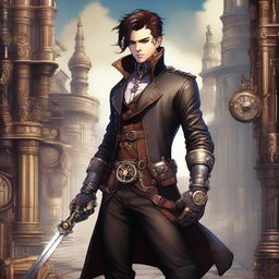 A male character with short brunette hair, dressed in leather garb, holding a sword in a steampunk setting