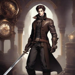 A male character with short brunette hair, dressed in leather garb, holding a sword