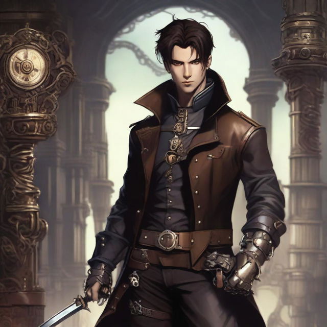 A male character with short brunette hair, dressed in leather garb, holding a sword