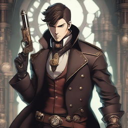 A male character with short brunette hair, dressed in leather garb, holding a revolver