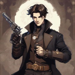 A male character with short brunette hair, dressed in leather garb, holding a revolver