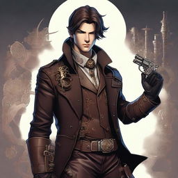 A male character with short brunette hair, dressed in leather garb, holding a revolver