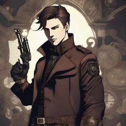 A male character with short brunette hair, dressed in leather garb, holding a revolver