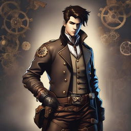 A male character with short brunette hair, dressed in steampunk leather garb