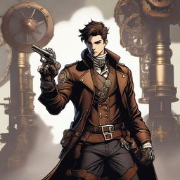 A male character with short brunette hair, dressed in steampunk leather garb