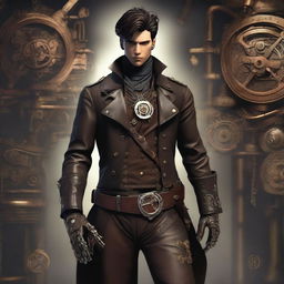 A male character with short brunette hair, dressed in steampunk leather garb