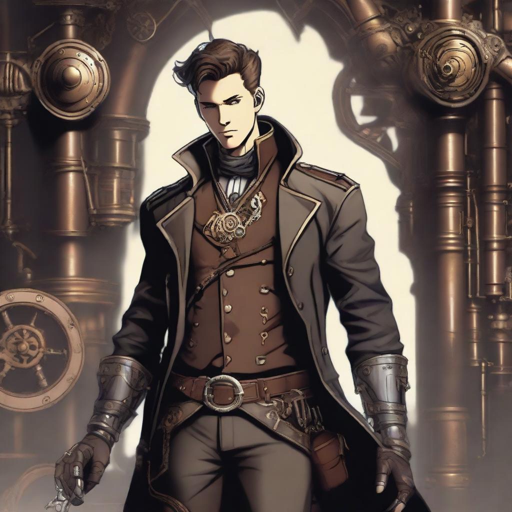 A male character with short brunette hair, dressed in steampunk leather garb