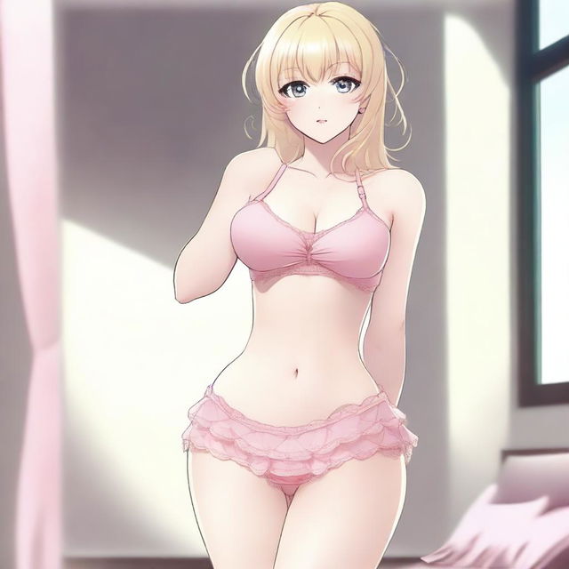 A blonde transgender woman with very large breasts, wide hips, and a slim waist, wearing a very small skirt and pink lingerie