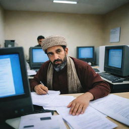 A Kashmiri man in traditional attire working diligently inside a modern bank. His expression is serious and focused, surrounded by computers and official documents.