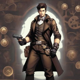 A male character with short brunette hair wearing leather garb, depicted in a steampunk setting