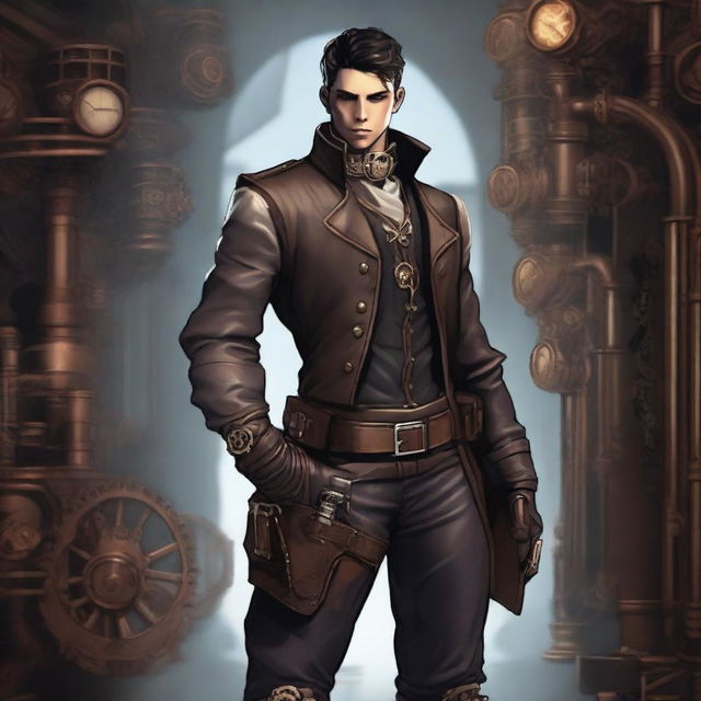 A male character with short brunette hair wearing leather garb, depicted in a steampunk setting