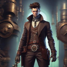 A male character with short brunette hair wearing leather garb, depicted in a steampunk setting