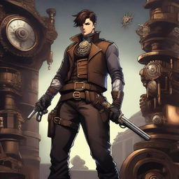 A male character with short brunette hair wearing leather garb, depicted in a steampunk setting