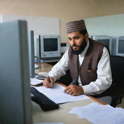 A Kashmiri man in traditional attire working diligently inside a modern bank. His expression is serious and focused, surrounded by computers and official documents.