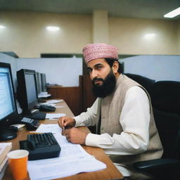 A Kashmiri man in traditional attire working diligently inside a modern bank. His expression is serious and focused, surrounded by computers and official documents.