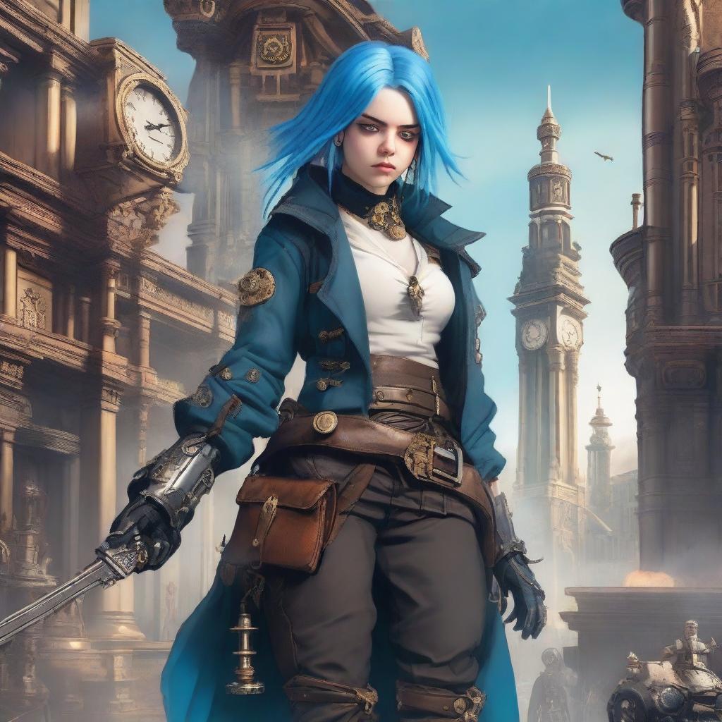 Billie Eilish depicted as a rogue in a steampunk setting