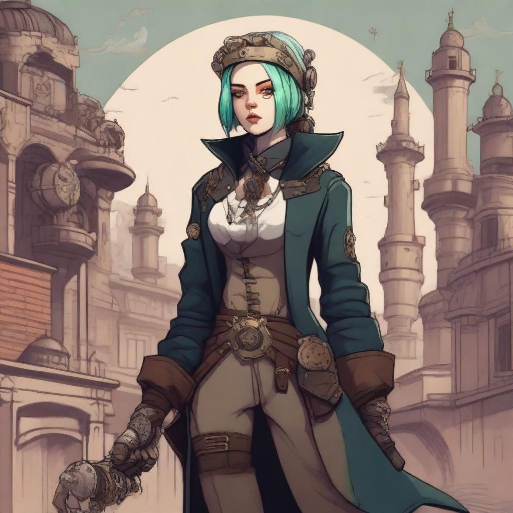 A rogue character inspired by Billie Eilish, wielding a claymore and dressed in steampunk attire