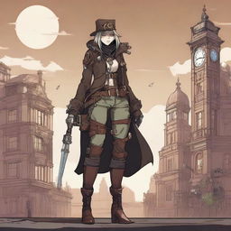 A rogue character inspired by Billie Eilish, wielding a claymore and dressed in steampunk attire