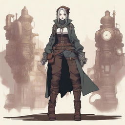 A rogue character inspired by Billie Eilish, wielding a claymore and dressed in steampunk attire