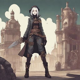 A rogue character inspired by Billie Eilish, wielding a claymore and dressed in steampunk attire